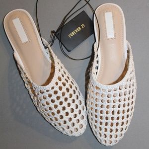 White Faux Leather Open-Weave Mules